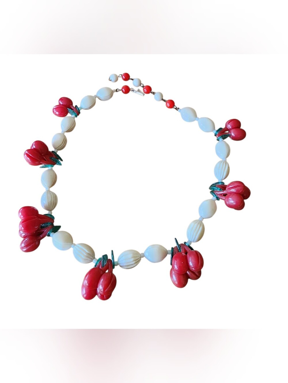 Rare Vintage Red Cherry Necklace with Off White Beads 50s 60s